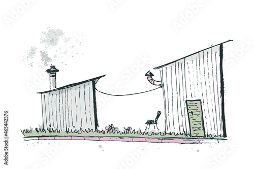 Hand drawing sketch of the urban landscape with two sheds. Perfect for T-shirt, poster, textile and prints. Doodle vector illustration for decor and design. 
