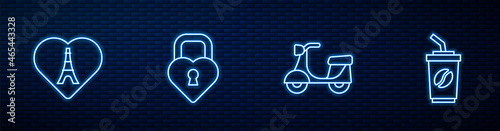 Set line Scooter, Eiffel tower with heart, Castle in the shape of and Coffee cup go. Glowing neon icon on brick wall. Vector