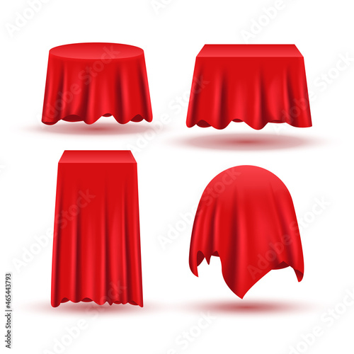 Red silk curtain cloth surprise fabric card cotton. Tablecloth reveal cover object vector