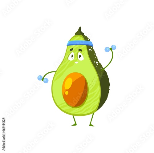 Cartoon avocado sportsman vector icon, funny vegetable character workout with dumbbells sport exercises isolated on white background. Healthy exotic food, sports lifestyle, organic nutrition symbol
