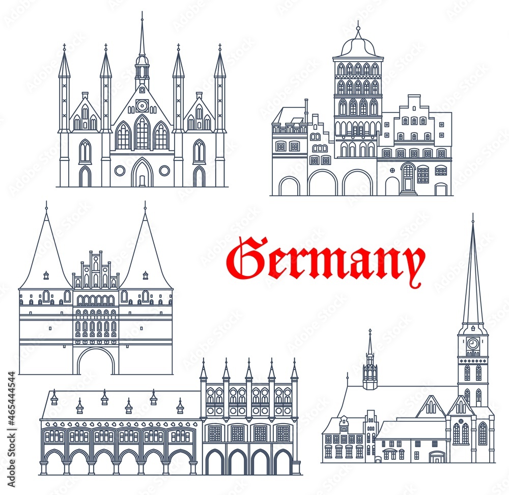 Fototapeta premium Germany travel landmarks and architecture buildings of Lubeck, vector. German architecture of St James church, Rathaus town hall, Hospital of Holy Spirit or Holstentor and Burgtor city gate