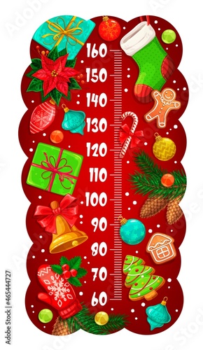 Christmas kids height chart with gifts, poinsettia and holly berry, pine tree and Xmas balls, vector. Kids growth meter or baby tall scale with Christmas holiday decorations and winter ornaments