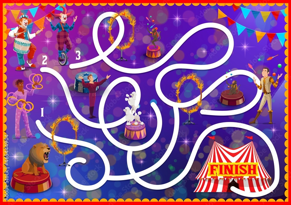 Kids labyrinth maze with circus characters. Child playing activity with finding way task, cartoon vector children maze labyrinth game, riddle or quiz with circus clowns, juggler and animals tamer