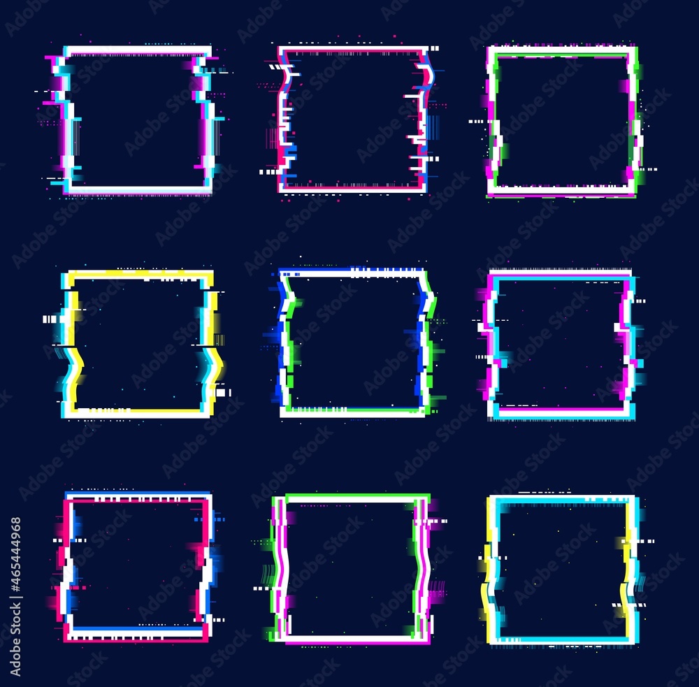 Glitch banner square frames. Colored abstract borders with glitch effect. Vector distorted neon glowing pixelized frames. Isolated no signal TV screens, colored messy or noisy bordering