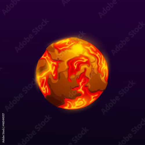 Cartoon space planet with lava and fire oceans. Proto-Earth, far galaxy solar system planet or game UI icon asteroid, alien world with volcanic activity on surface, molten rocks and hot lava flows