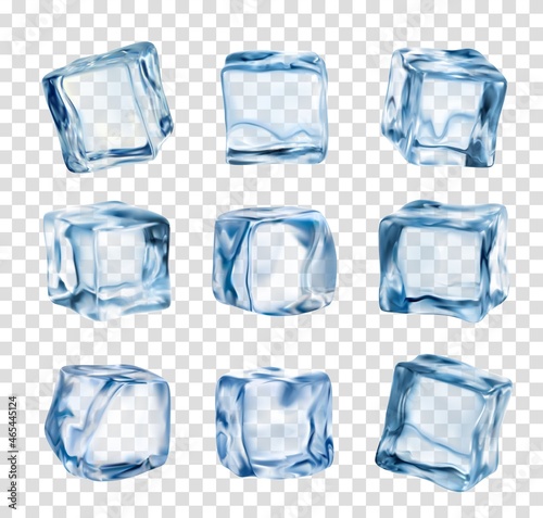 Ice cubes, realistic crystal ice blocks isolated on transparent background. 3d vector blue glass icy pieces for drink cooling, clean square frozen water blocks set for alcohol or cocktail beverages photo