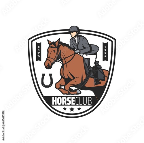 Horse club icon, polo or jockey riding sport races, vector emblem. Polo jockey sport, horse racing and equine steeplechase or equestrian rides tournament on hippodrome, horseshoe sign
