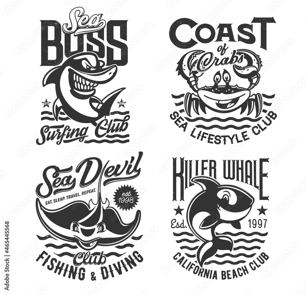 Surfing, diving and fishing t shirt prints, waves of sea and ocean, vector icons. Surf, dive and fisher club emblem of shark, crab and killer whale, summer beach adventure and marine sport t-shirts Surfing, diving and fishing t shirt prints, waves of sea and ocean, vector icons. Surf, dive and fisher club emblem of shark, crab and killer whale, summer beach adventure and marine sport t-shirts