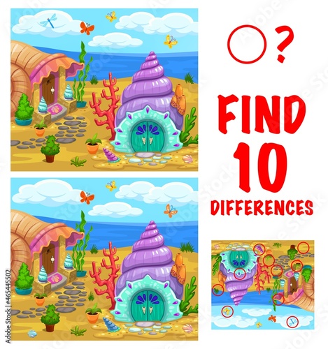 Find ten differences kids game with cartoon fantasy vector seashell houses on the seaside. Kindergarten children educational riddle with cartoon fairy shell dwelling. Child playing activity or puzzle