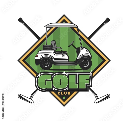 Golf sport club vector icon with crossed golf player clubs, wedges or putters and cart on course of green grass field. Sporting competition tournament, outdoor recreation symbol with golfer equipment