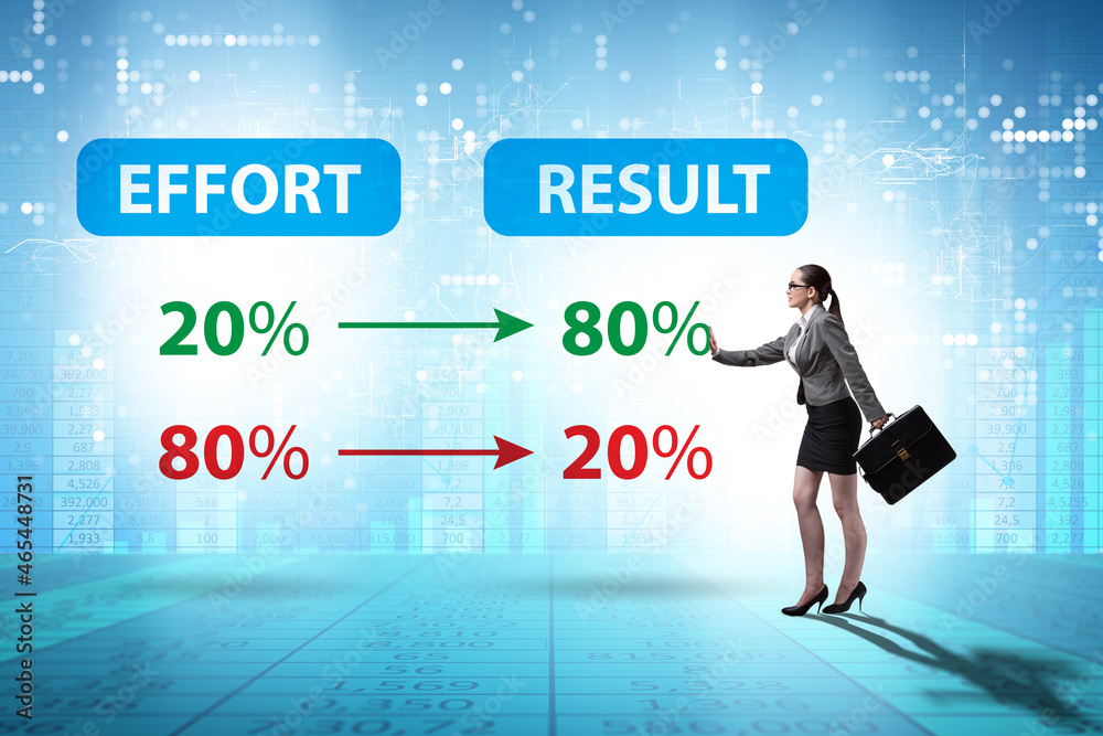 Businesswoman in pareto rule illustration Businesswoman in pareto rule illustration