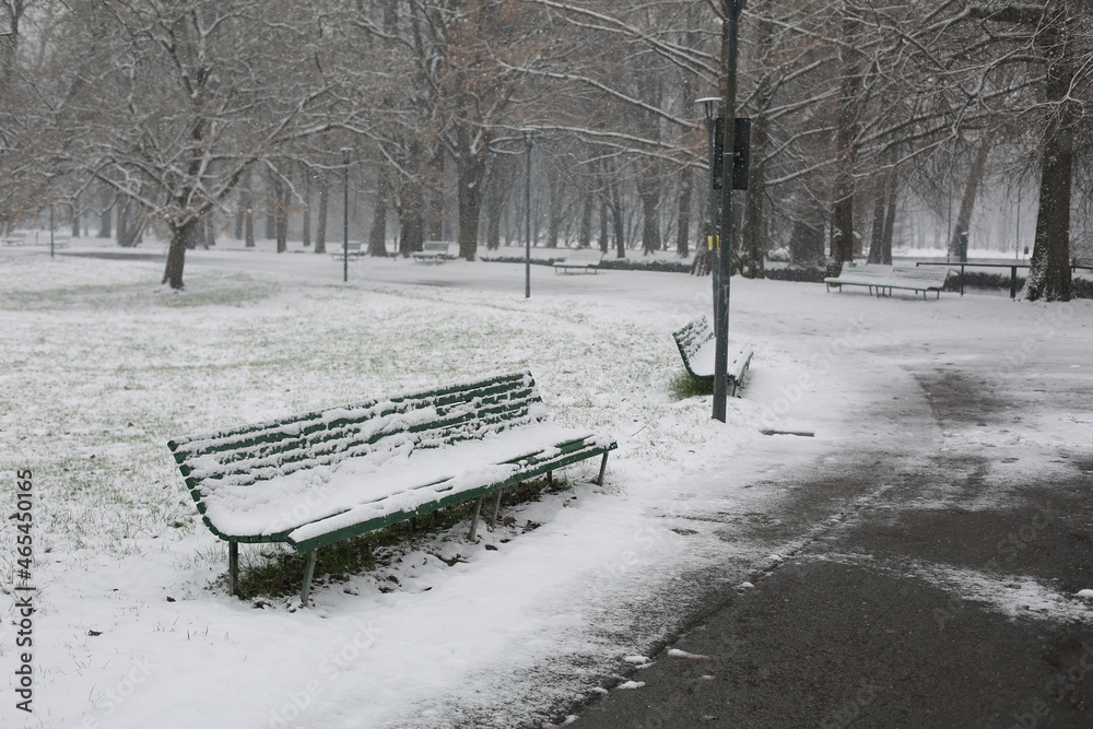 Fototapeta premium long bench in snow-covered park in milano city