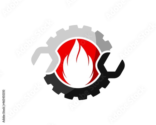 Repair gear with wrench and fire flames inside