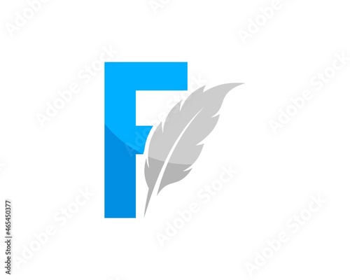 F letter initial with feather writer