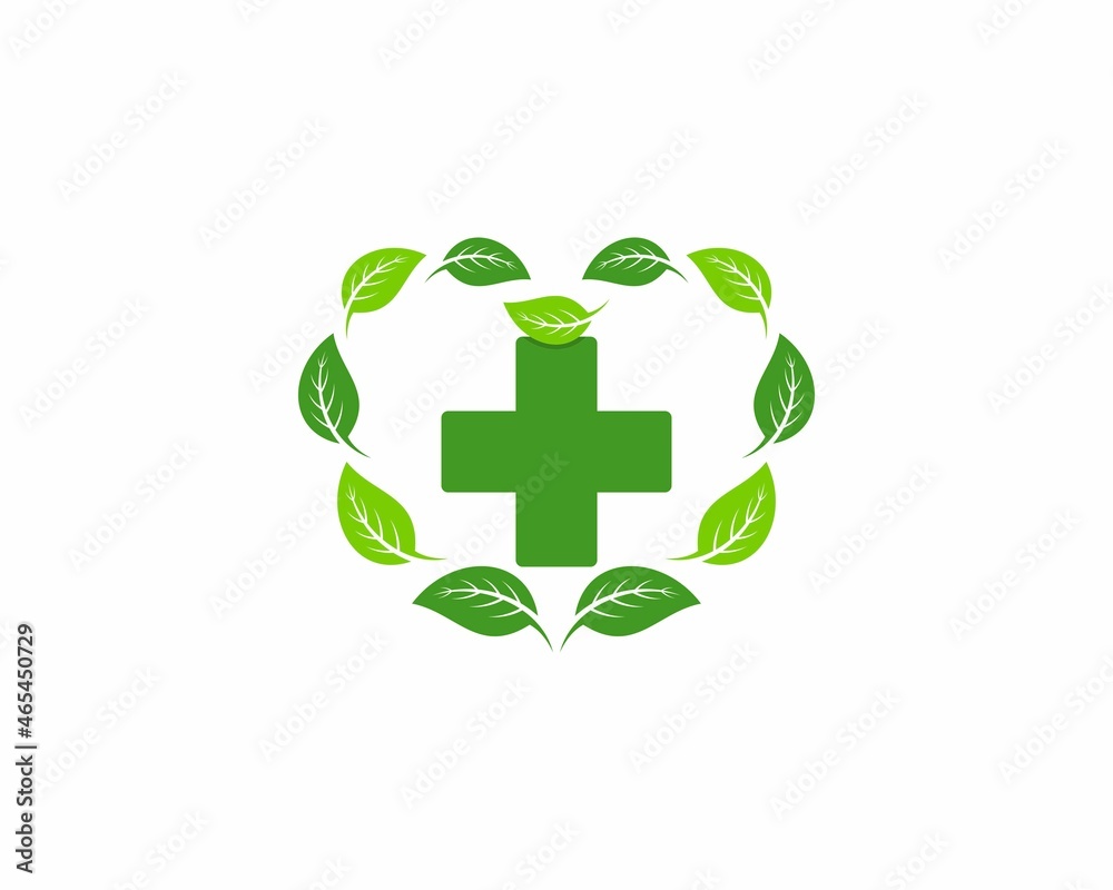 Love green leaf with plus medical symbol inside Love green leaf with plus medical symbol inside