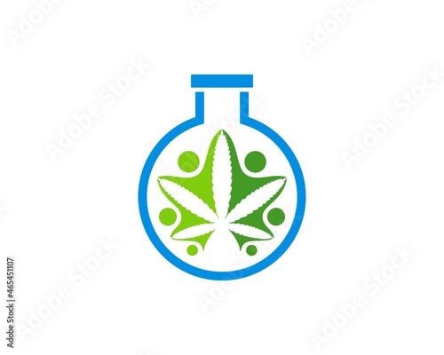 Simple bottle laboratory with cannabis leaf and people group