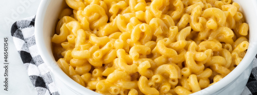 Narrow view of a dish of homemade macaroni and cheese.