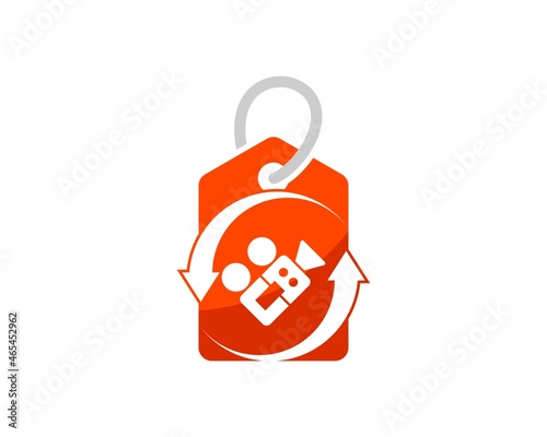 Shopping price tag with upside down arrow and video recorder inside
