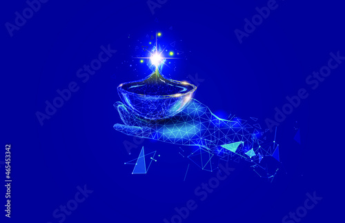 Futuristic digital low polygonal Indian Diwali festival creative banner with glowing eco friendly diya candle lamp light design and modern green technology background wireframe decoration