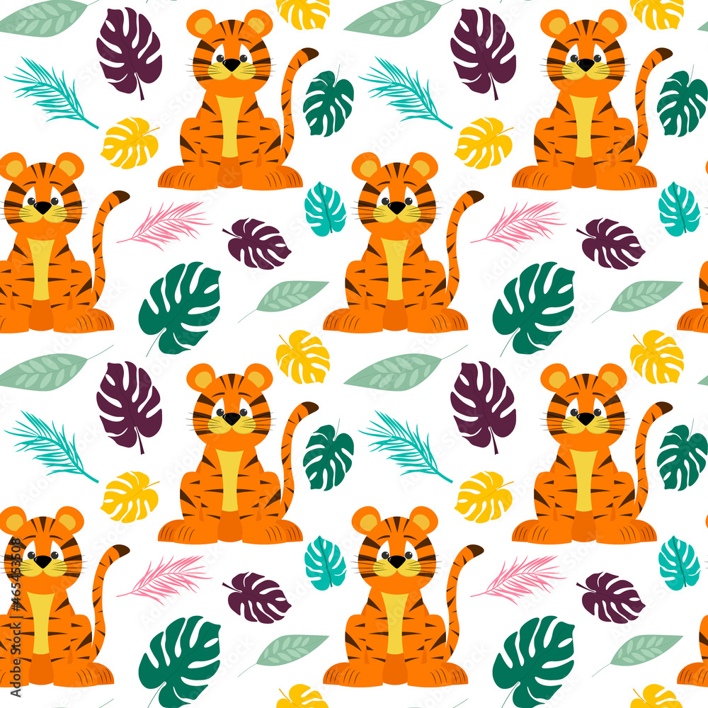 Obraz premium Pattern with tigers and palm leaves. Little Chinese tiger cubs. Vector illustration. For use in packaging, prints, baby products, shops, brochures and covers.