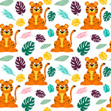 Pattern with tigers and palm leaves. Little Chinese tiger cubs. Vector illustration. For use in packaging, prints, baby products, shops, brochures and covers.