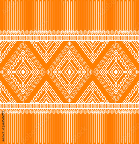 White Ethnic or Native Seamless Pattern on Orange Background in Symmetry Rhombus Geometric Bohemian Style for Clothing or Apparel,Embroidery,Fabric,Package Design