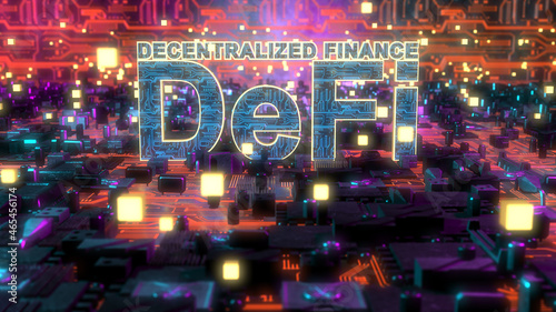 DeFi Decentralized Finance is a blockchain based form of finance - Conceptual 3D Illustration Rendering