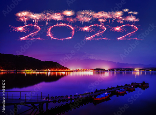 2022 happy new year fireworks over Mount fuji-san at Lake kawaguchiko in japan