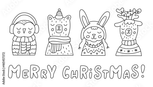 Cute winter animals are dressed in scarves, hats and sweaters. Hand lettering Merry Christmas. Doodle style. Vector illustration.