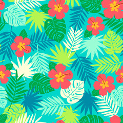 Sierkussen Turquoise patronen Hibiscus en tropische bladeren patroon  © NTRdesign