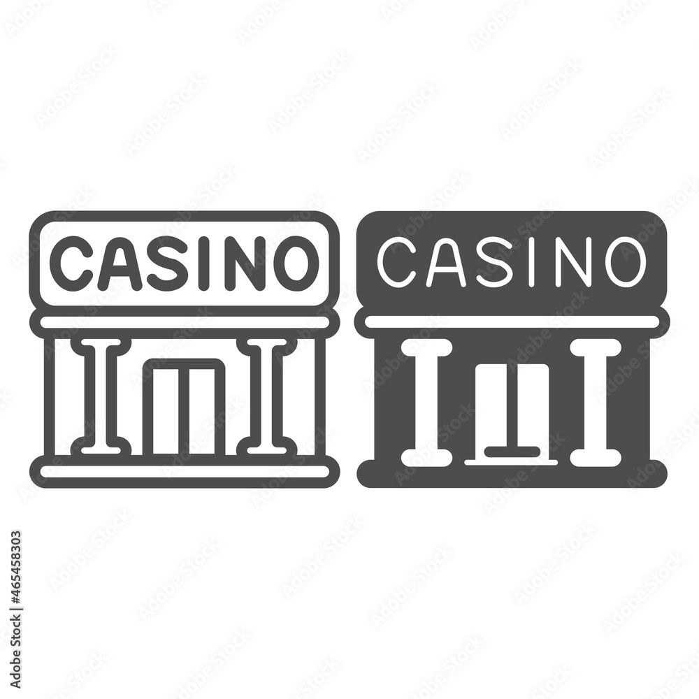 Casino building with columns, entrance line and solid icon, gamblimg concept, gambling house vector sign on white background, outline style icon for mobile concept and web design. Vector graphics. Casino building with columns, entrance line and solid icon, gamblimg concept, gambling house vector sign on white background, outline style icon for mobile concept and web design. Vector graphics.