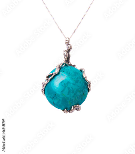 Silver jewelry pendant with chrysocolla isolated on white background.