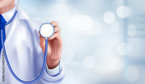 Medical examination diagnostic. Stethoscope medical network connection with modern virtual screen interface, medical technology network concept. blurred hospital background. Realistic 3D Vector.