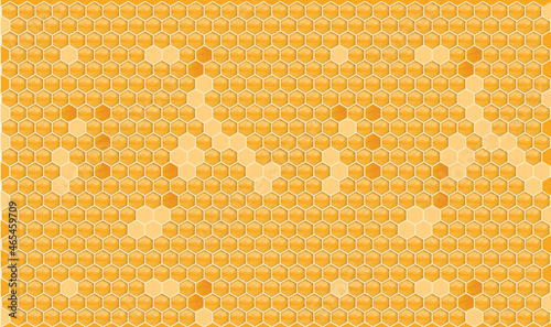 Yellow orange honeycomb background. Beehive with hexagon grid cells. Geometric seamless texture. Realistic 3D vector illustration.