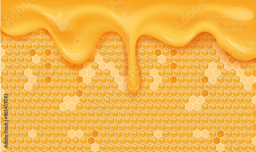Yellow orange honeycomb background. Beehive with hexagon grid cells and flowing sweet honey drops. Geometric seamless texture. Realistic 3D vector illustration.