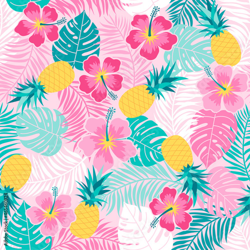 Hibiscus, pineapple and tropical leaf seamless pattern on pink background.