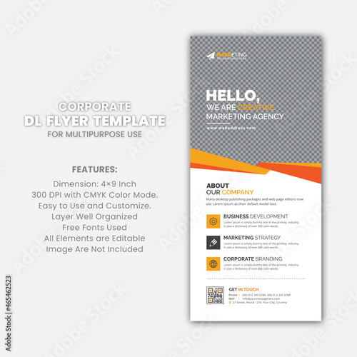 Orange, Yellow, Black Corporate Business DL Flyer Rack Card Template Set for Multipurpose Use with Elegant Look