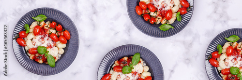 Gnocchi with tomatoes, red sauce, cheese and basil leaves