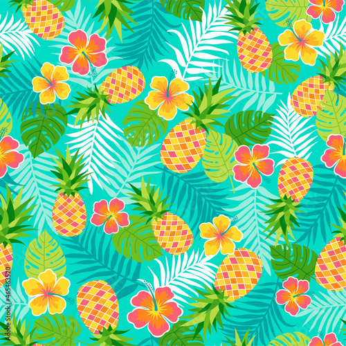Hibiscus, pineapple and tropical leaf seamless pattern background