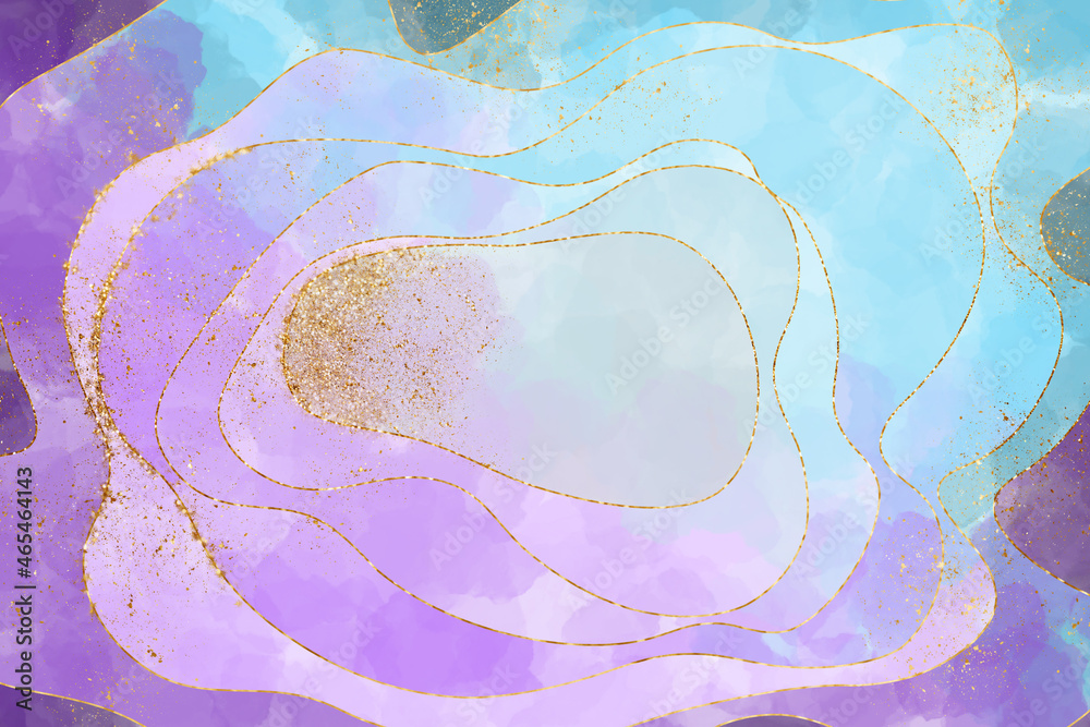 Naklejka premium Abstract watercolor background in the technique of alcohol ink in blue, lilac and gold