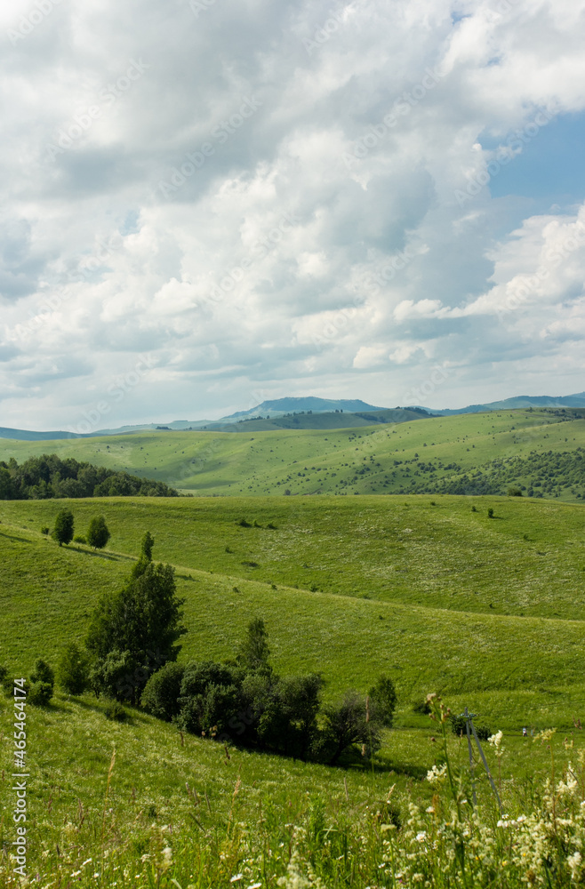 Altay view point of mountains, lake, green meadow, Russian nature