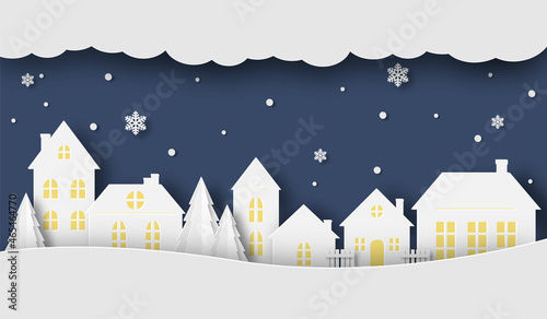 Views of the night house with snowfall in winter season. Happy new year and Merry christmas, paper art, digital craft style. Vector illustration.
