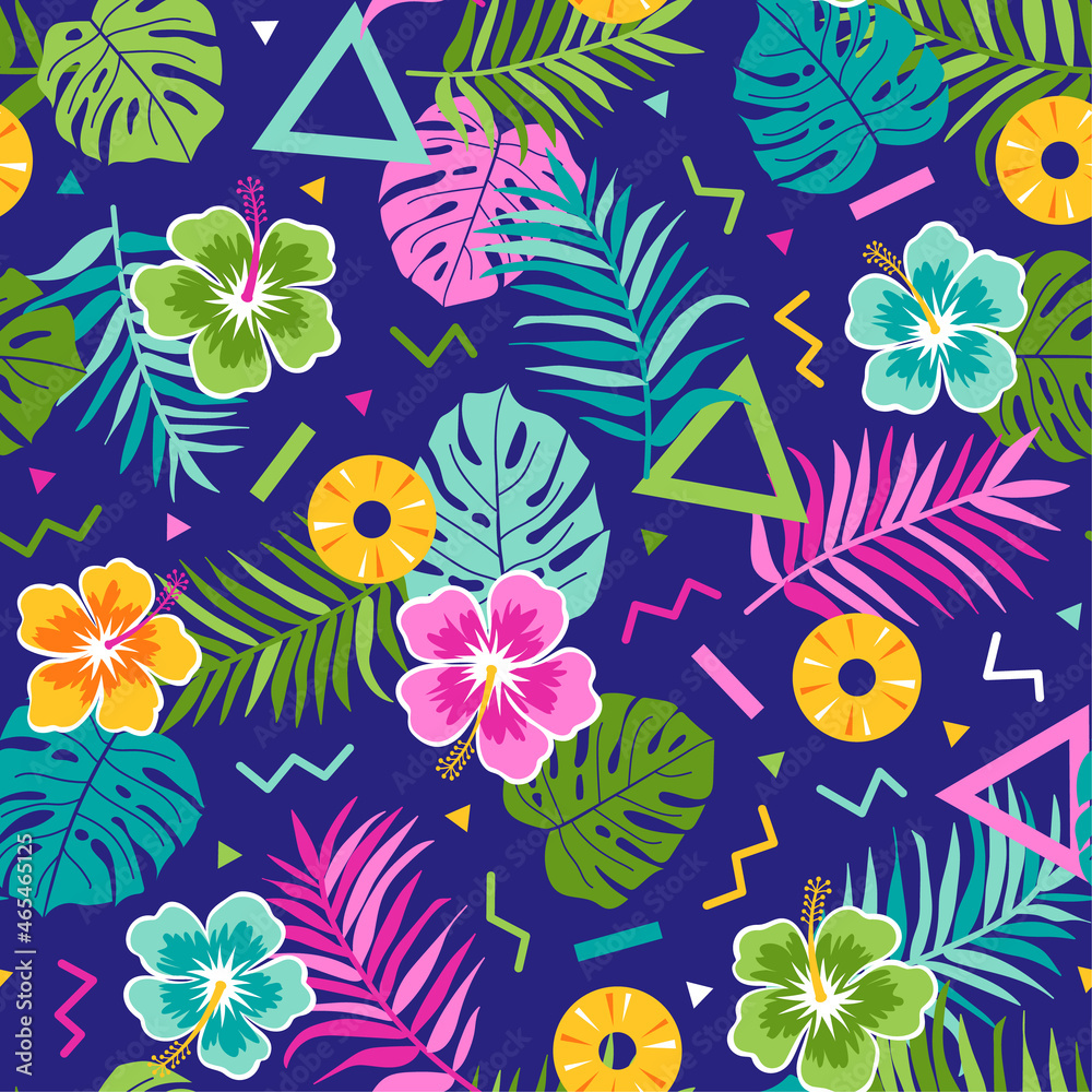 Naklejka premium Hibiscus, pineapple, tropical leaf and geometric elements seamless pattern background.