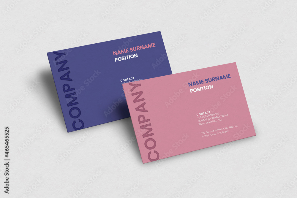 Simple business card mockup vector in pink and purple with front and rear view Simple business card mockup vector in pink and purple with front and rear view