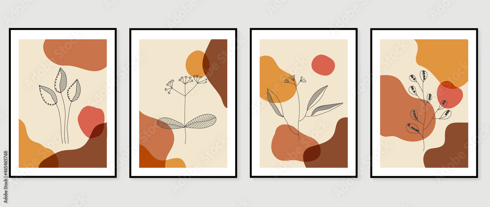 Botanical wall art vector set. Foliage line art drawing with abstract shape.  Abstract Plant Art design for print, cover, wallpaper, Minimal and  natural wall art. Vector illustration.
