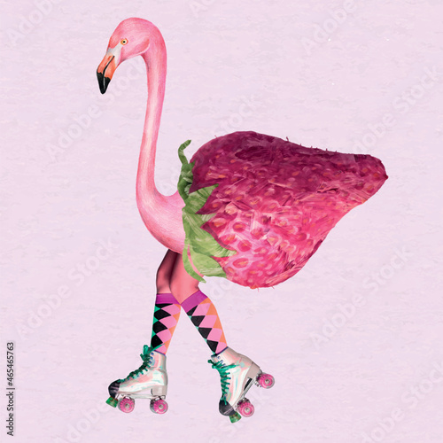 Collage funky retro sticker vector, pink flamingo mixed media art