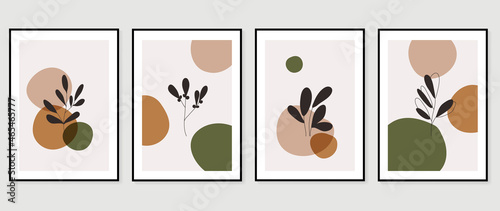 Botanical wall art vector set. Foliage line art drawing with abstract shape.  Abstract Plant Art design for print, cover, wallpaper, Minimal and  natural wall art. Vector illustration.