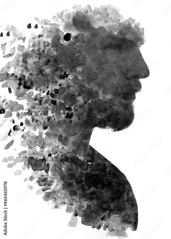 Paintography. A portrait of a man combined with various ink splashes.