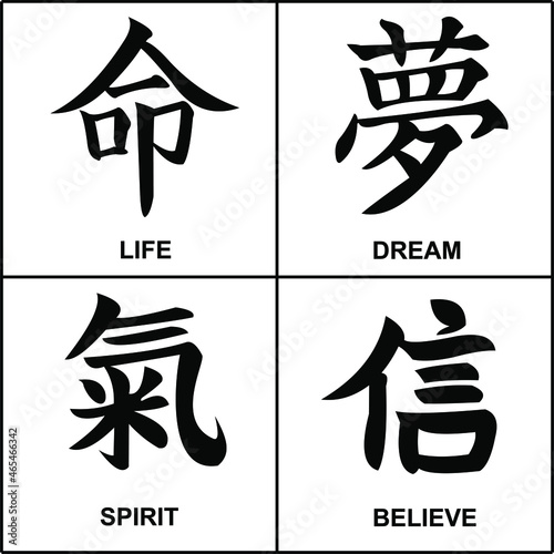 Japanese kanji calligraphy words are translated as life, dream, spirit, believe. Traditional Asian design drawn with a dry brush photo