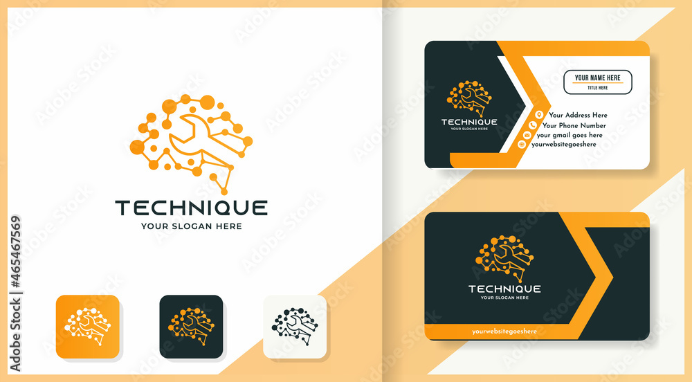 Naklejka premium wrenches brain logo design use dot molecule and business card